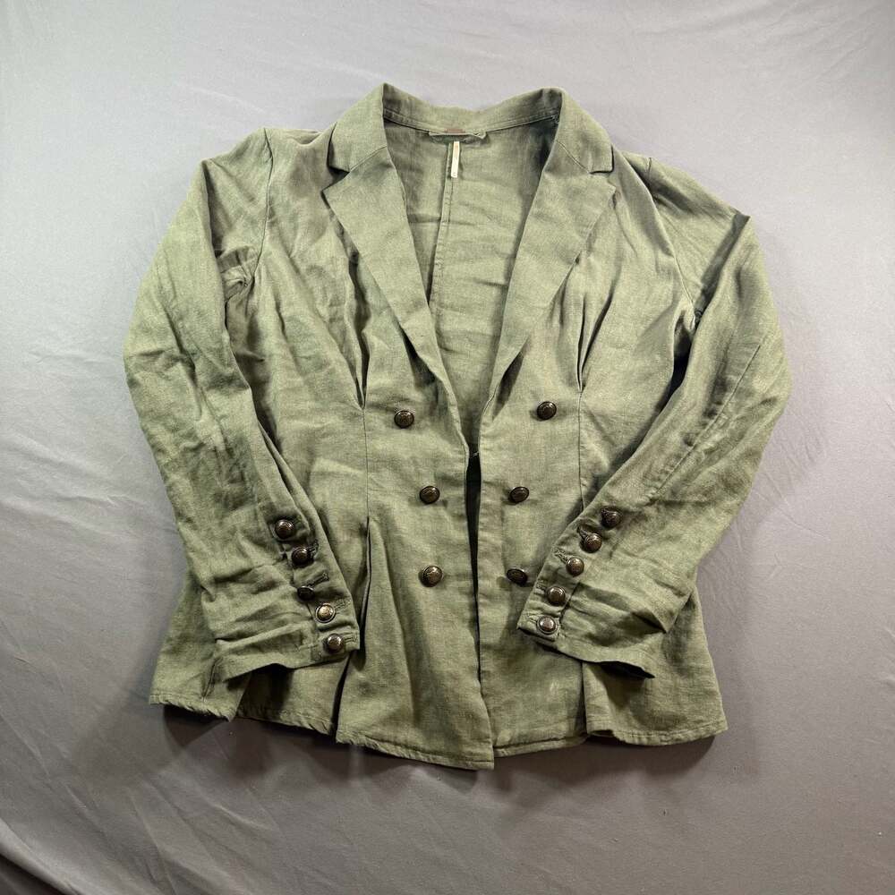 Free People Military Blazer Jacket Medium Olive Green Linen Double Breasted